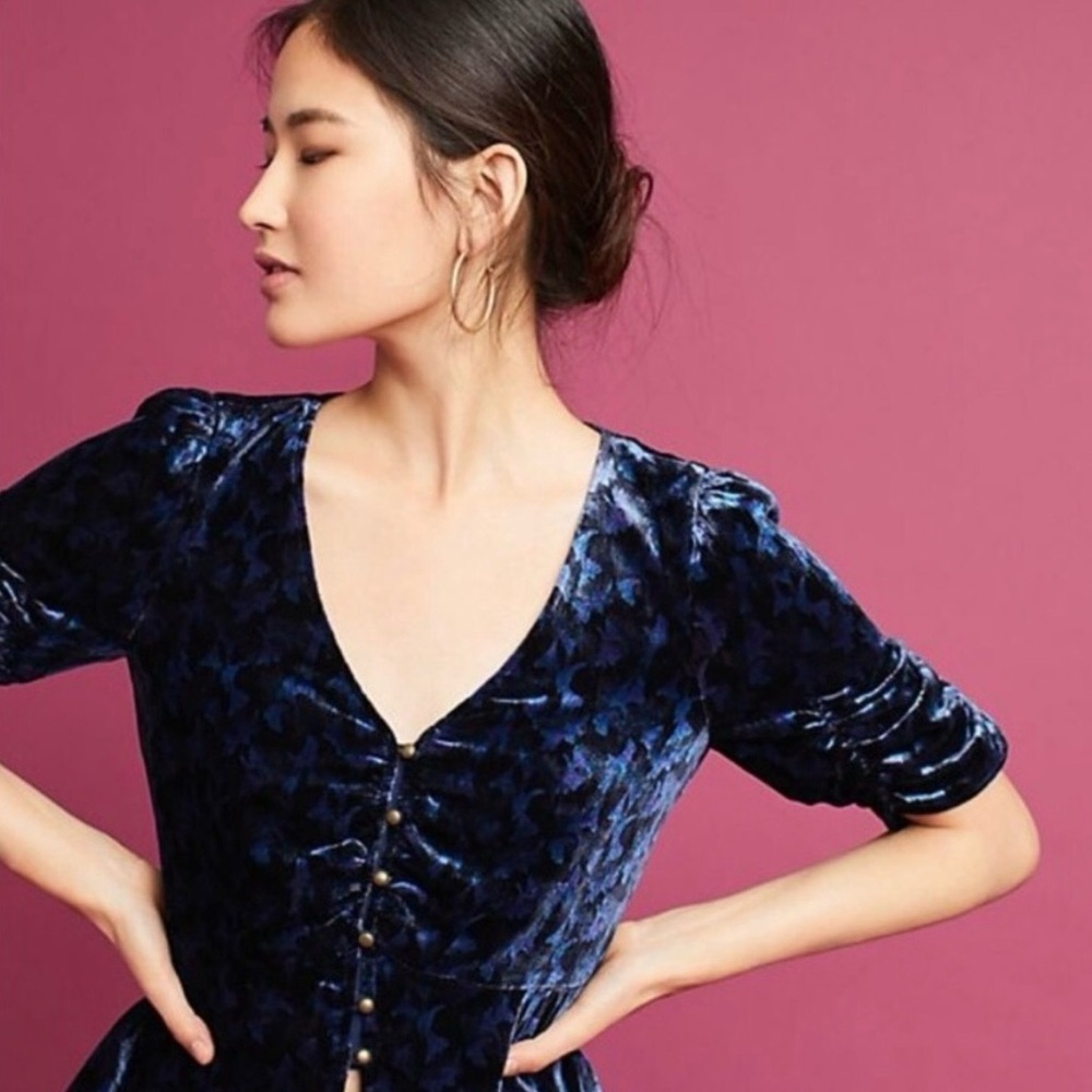 Sz 4 S Rare Anthropologie Isobel velvet blouse by Maeve Ruched 3/4 Sleeve shirt